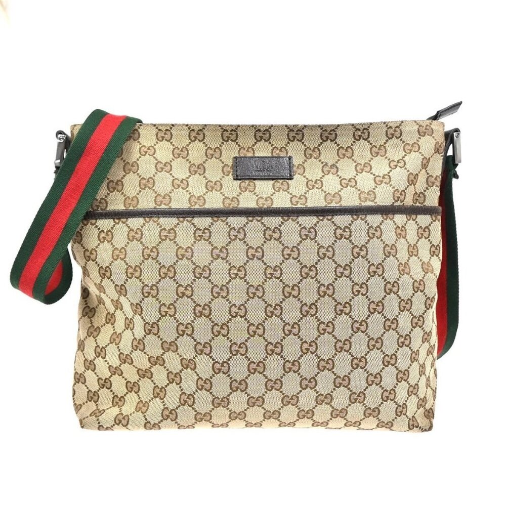 GUCCI Logo GG Pattern Web Messenger Bag Canvas Leather Brown SHW Italy 34KC493